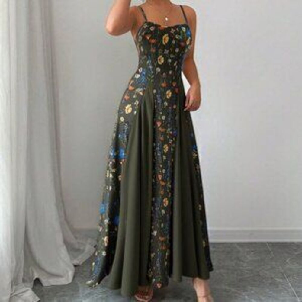 Army Green Boho Women's Elegant Floral Sleeveless Dress - Picture 4 of 5